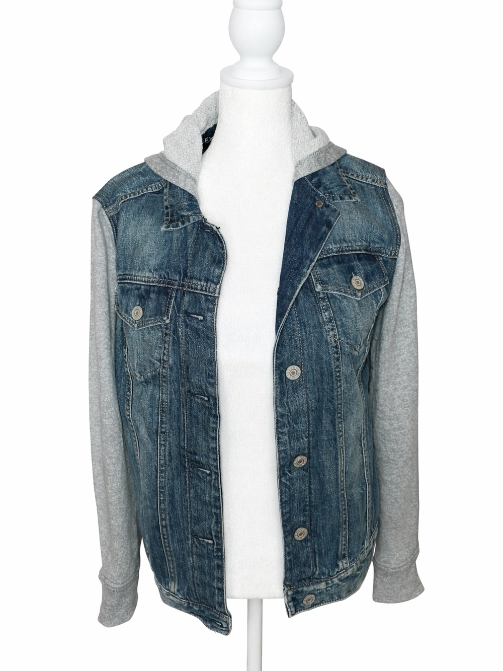 Express Womens Denim Jacket with Gray Hoodie Sleeves